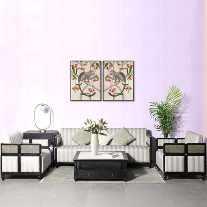 Modern Striped Fabric Sofa Set with Cane Back Accents  Living Room Seating