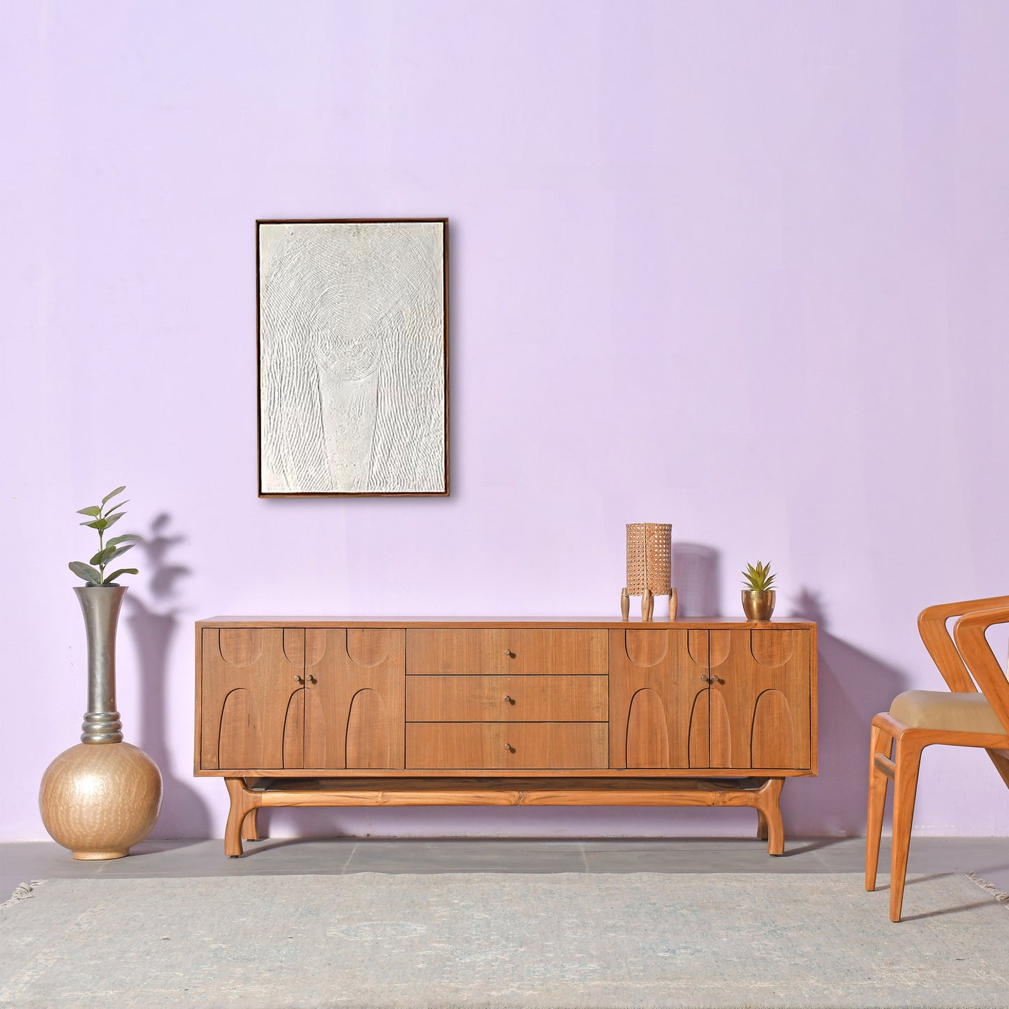 Teak Wood Sideboard with Carved Doors Mid Century Modern Media Console