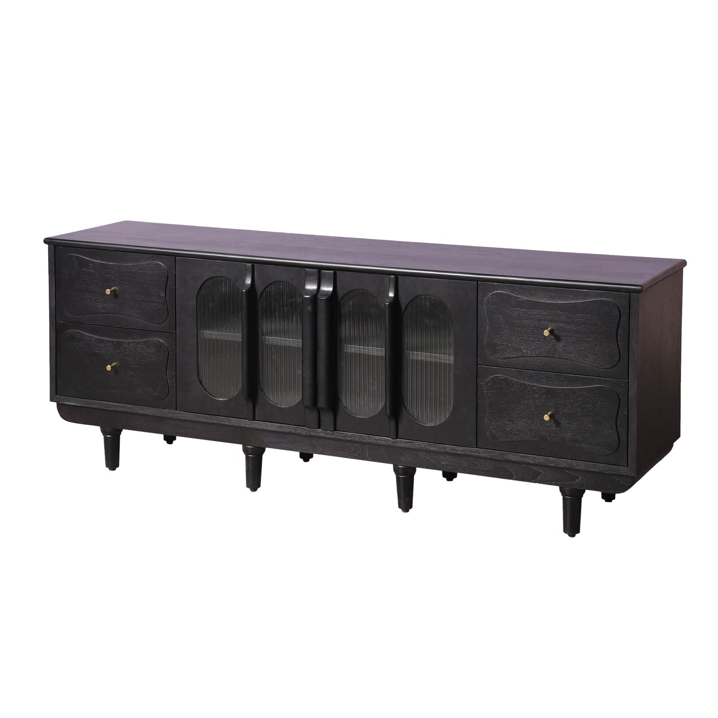 Modern Black Console Cabinet with Reeded Glass Doors  Media Storage