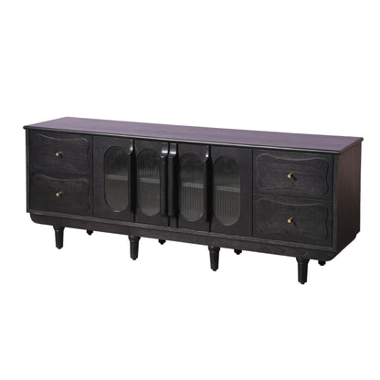 Modern Black Console Cabinet with Reeded Glass Doors  Media Storage