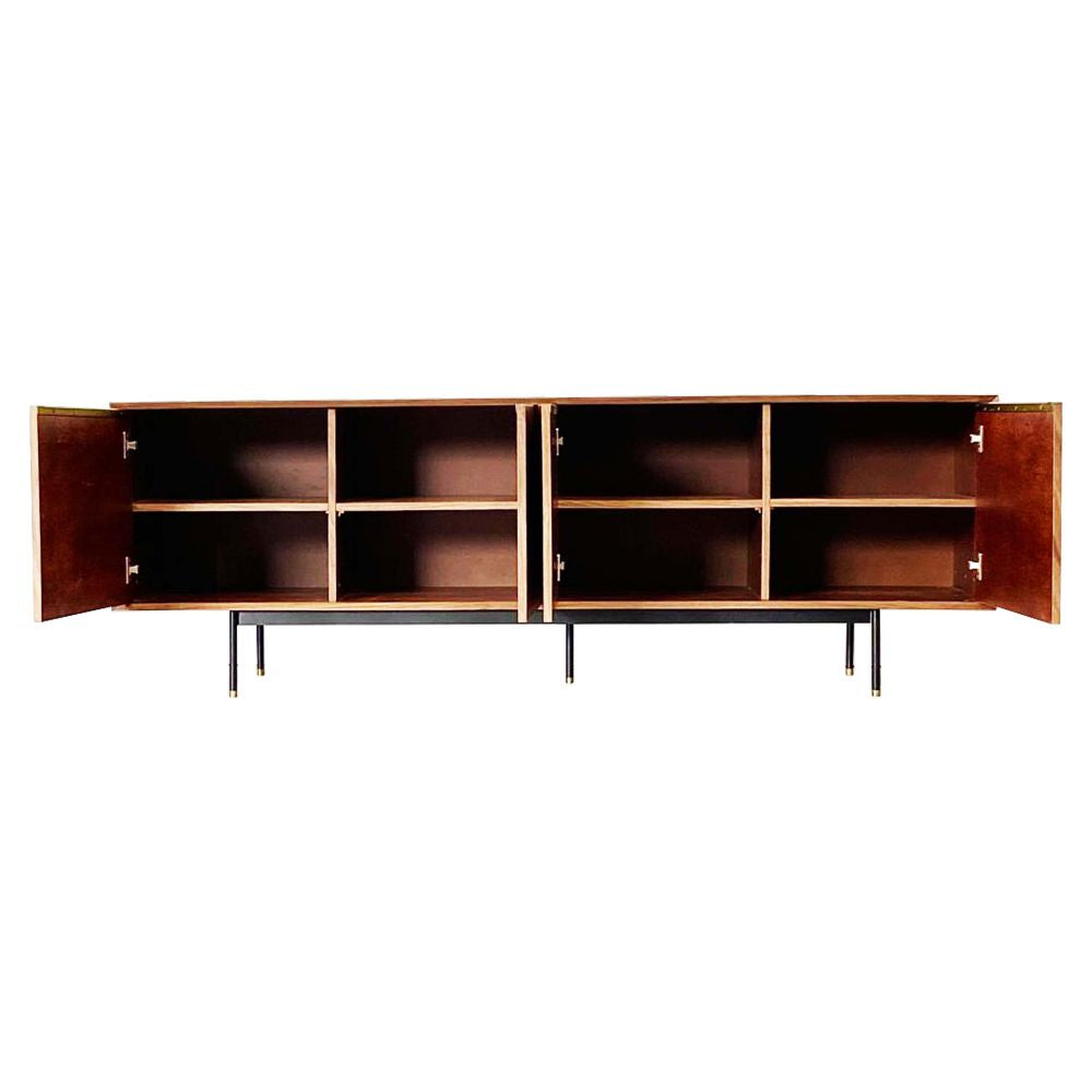 American walnut console with chest of racks in powder coated legs