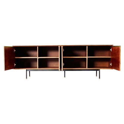 American walnut console with chest of racks in powder coated legs