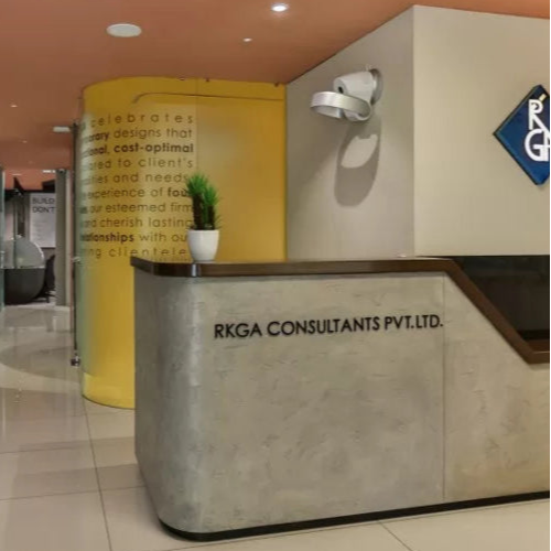 Modern Office Reception Counter – Concrete Grey with Walnut Accent | SRK Modular Furniture Co.