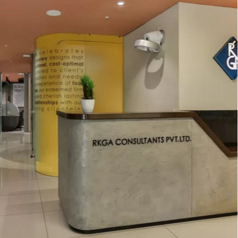 Modern Office Reception Counter – Concrete Grey with Walnut Accent | SRK Modular Furniture Co.
