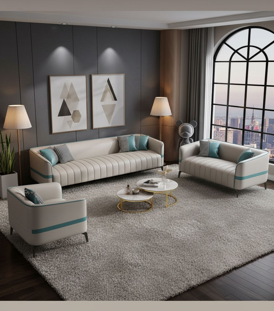 The “Ebon Luxe” Leather Sofa Set | Premium 3+2+1 Seater in Black with Teal Accents