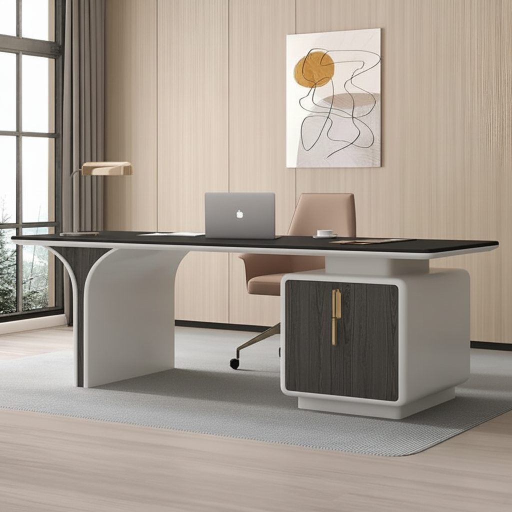 Luxury Executive Office Desk | Modern Curved Design Table with Storage Cabinet | SRK Modular Furniture