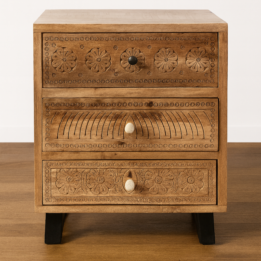 ArtisanCraft Hand-Carved Wooden Bedside Table