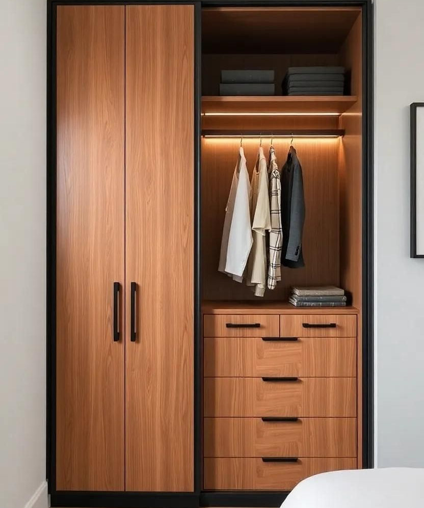 Linea Wardrobe with Drawer Storage & LED Hanging Section | Walnut Wood Finish | SRK Modular Furniture