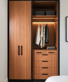 Linea Wardrobe with Drawer Storage & LED Hanging Section | Walnut Wood Finish | SRK Modular Furniture