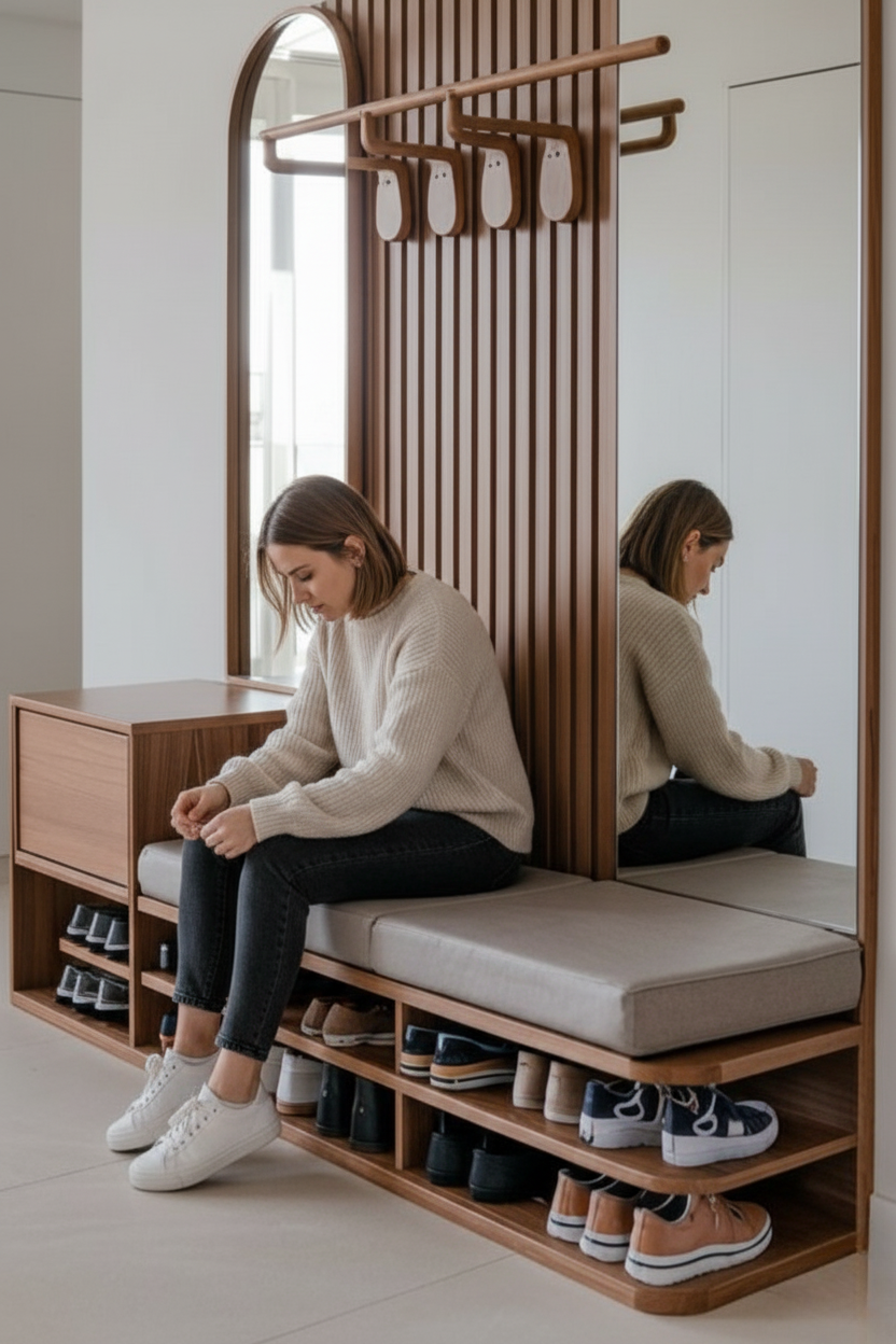 Luxury Wooden Foyer Unit with Seating & Shoe Storage | Entryway Organizer with Mirror | Theom Living
