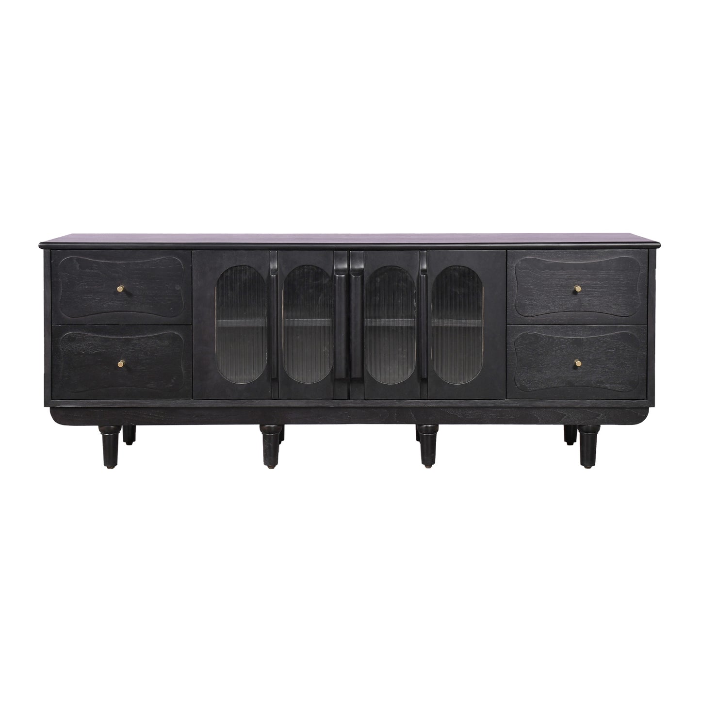 Modern Black Console Cabinet with Reeded Glass Doors  Media Storage