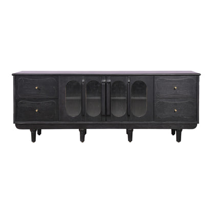 Modern Black Console Cabinet with Reeded Glass Doors  Media Storage