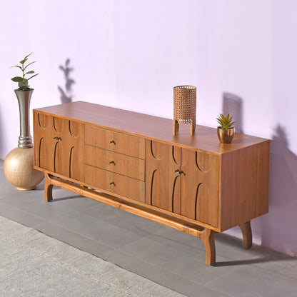 Teak Wood Sideboard with Carved Doors Mid Century Modern Media Console
