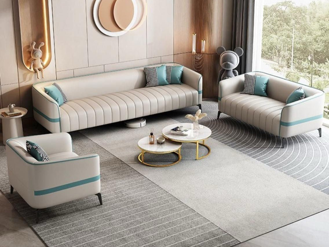 The “Ebon Luxe” Leather Sofa Set | Premium 3+2+1 Seater in Black with Teal Accents