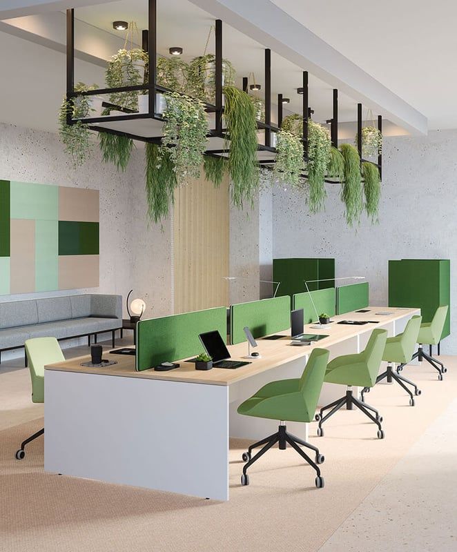 8-Seater Green Modular Office Workstation | Dual Cluster Desk with Biophilic Hanging Planters | SRK Modular Furniture