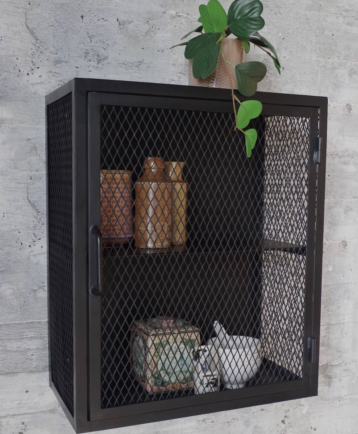 Industrial Metal Mesh Wall Cabinet | Black Steel Wall-Mounted Storage | SRK Modular Furniture