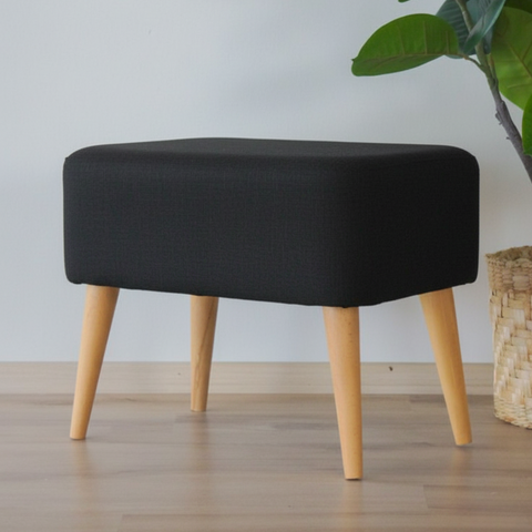 Minimal Rectangular Ottoman Stool | Black Fabric with Wooden Legs | Theom Living