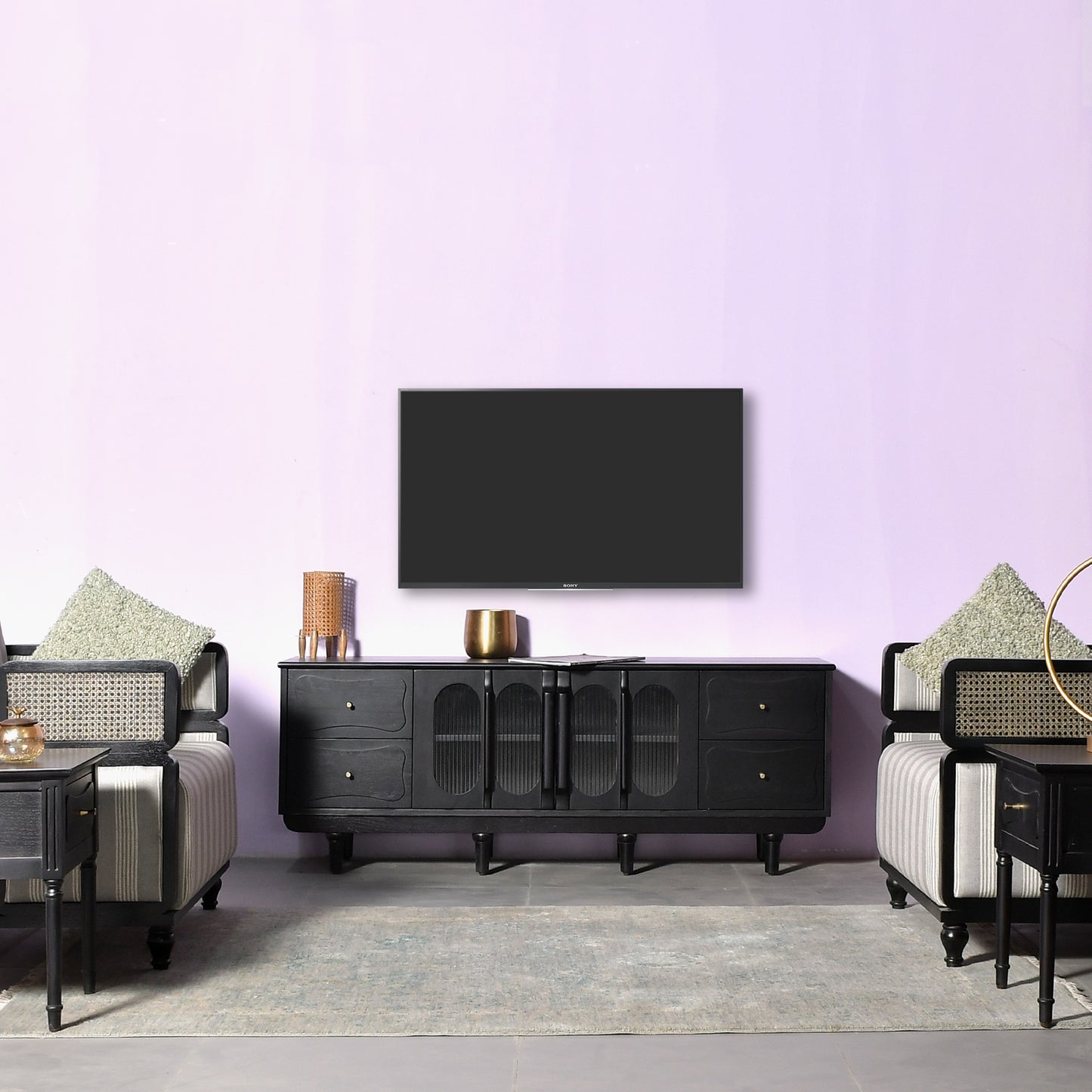 Modern Black Console Cabinet with Reeded Glass Doors  Media Storage