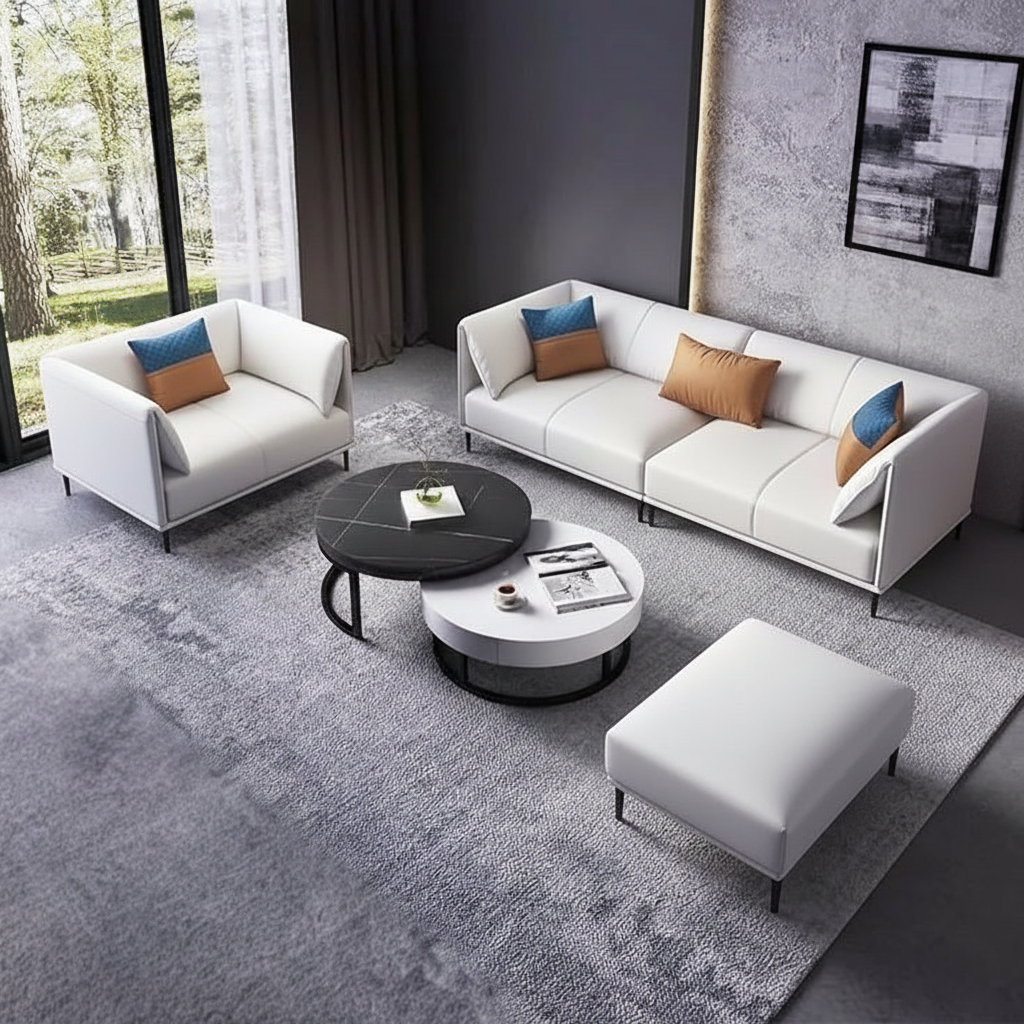 The Aurelio Elite Sofa Set | Premium White Leatherette 3+1+Ottoman with Round Center Table