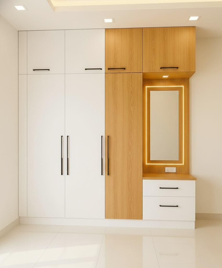 Luminex Modular Wardrobe with Dressing Mirror | Matte Black & Natural Oak Finish | SRK Modular Furniture