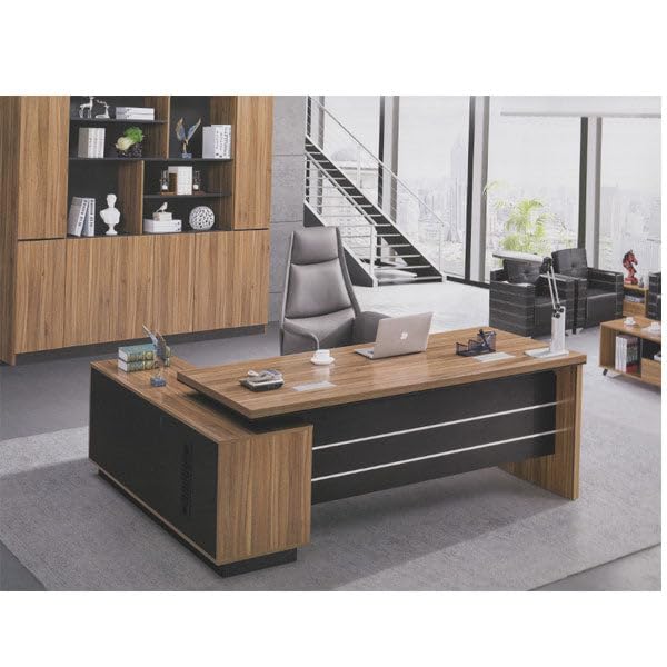 Executive L-Shaped Office Desk with Storage – Teak & Graphite Finish | SRK Modular Furniture Co.