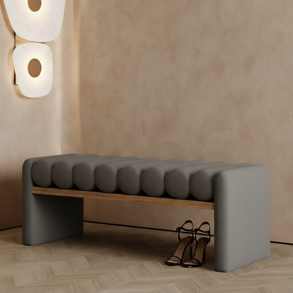 Cylindra Modern Bench | Sculpted Bouclé Upholstery with Wooden Base | Theom Living