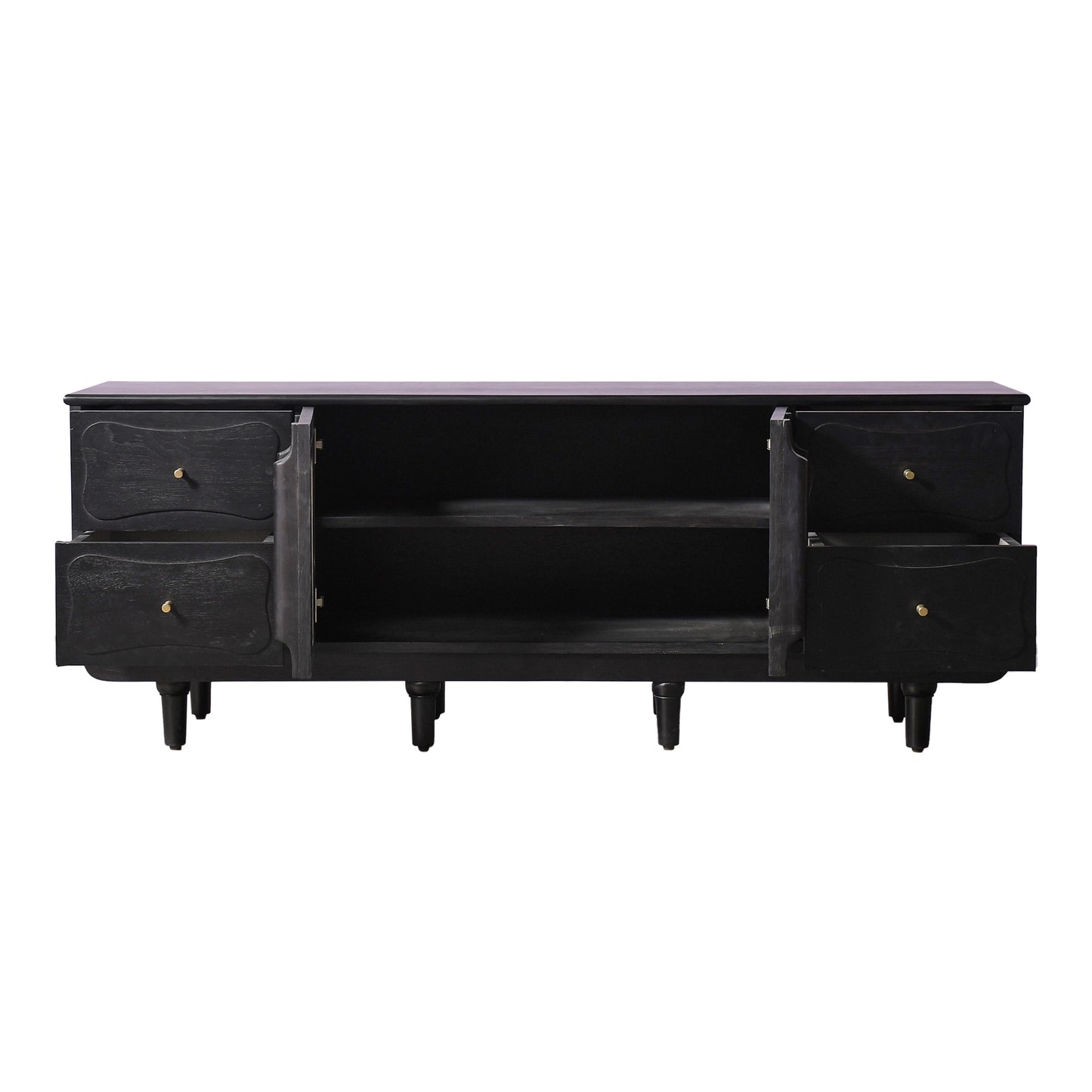 Modern Black Console Cabinet with Reeded Glass Doors  Media Storage