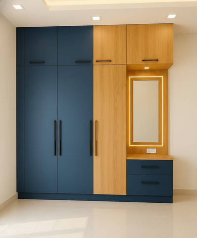 Luminex Modular Wardrobe with Dressing Mirror | Matte Black & Natural Oak Finish | SRK Modular Furniture