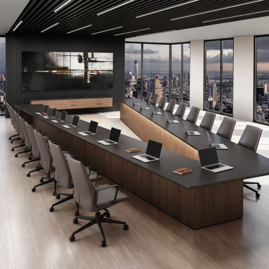 14-Seater Executive Conference Table | Matte Black & Walnut Finish Boardroom Desk | SRK Modular Furniture