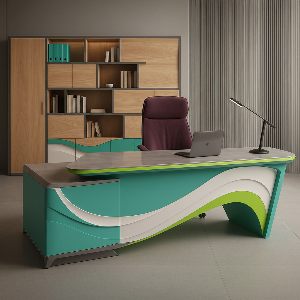 Premium Executive Office Desk | Wave Design Table with Gloss Finish & Storage | SRK Modular Furniture