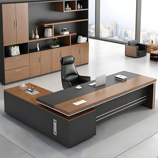 Executive L-Shaped Office Desk with Storage & Bookshelf – Walnut & Graphite Finish | SRK Modular Furniture Co.