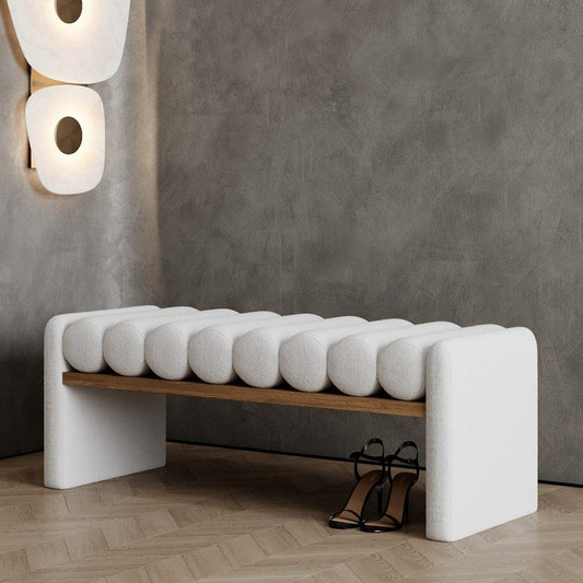 Cylindra Modern Bench | Sculpted Bouclé Upholstery with Wooden Base | Theom Living