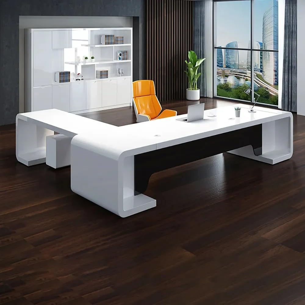Luxury Curved Executive Desk – Glossy White & Walnut Contrast | SRK Modular Furniture Co.