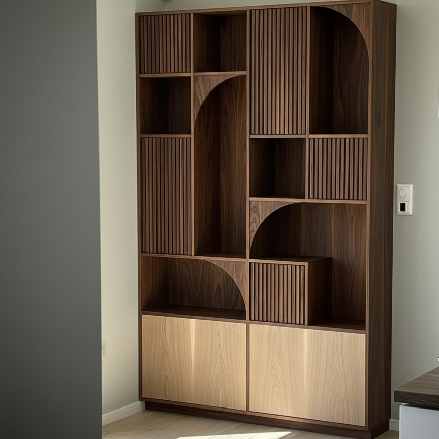 The Arcoré Fluted Bookcase | Modern Walnut & Natural Wood Display Cabinet