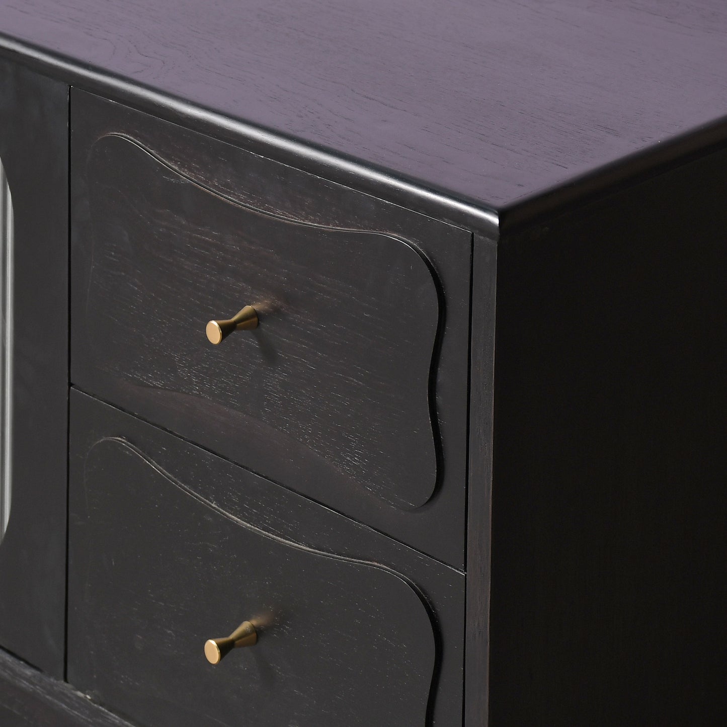 Modern Black Console Cabinet with Reeded Glass Doors  Media Storage