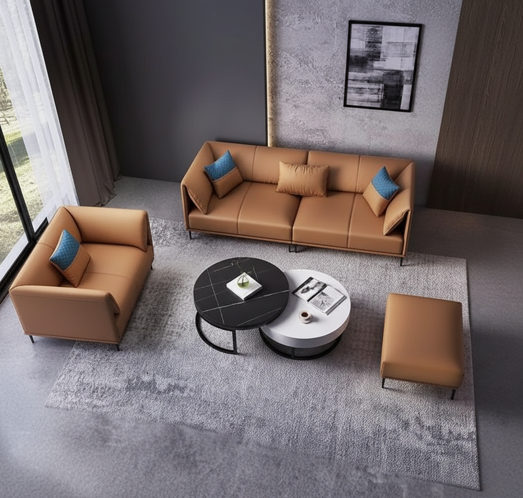 The Aurelio Elite Sofa Set | Premium White Leatherette 3+1+Ottoman with Round Center Table