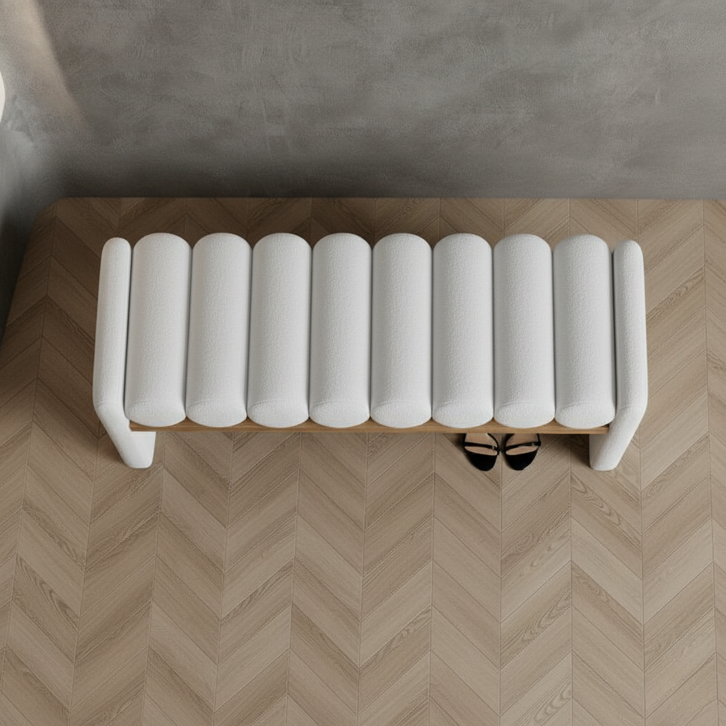 Cylindra Modern Bench | Sculpted Bouclé Upholstery with Wooden Base | Theom Living
