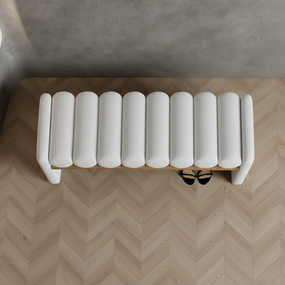 Cylindra Modern Bench | Sculpted Bouclé Upholstery with Wooden Base | Theom Living