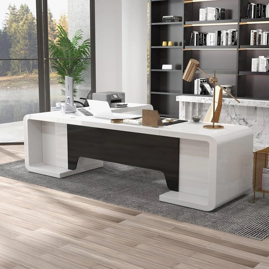 Luxury Curved Executive Desk – Glossy White & Walnut Contrast | SRK Modular Furniture Co.