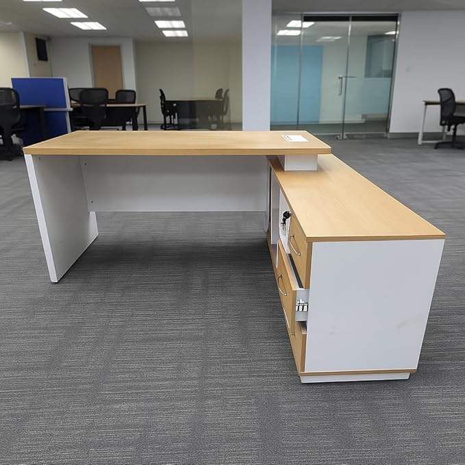 Executive Office Desk with Side Storage – White & Oak Finish | SRK Modular Furniture Co.