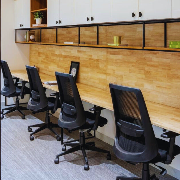The Vertex Quad Modular Workstation | 4-Seater Office Desk with Overhead Cabinets & Chairs