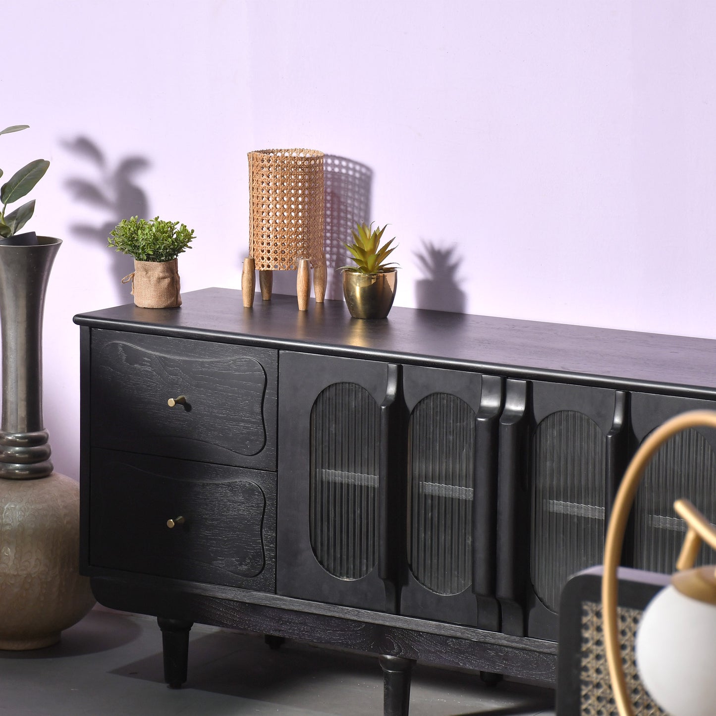 Modern Black Console Cabinet with Reeded Glass Doors  Media Storage