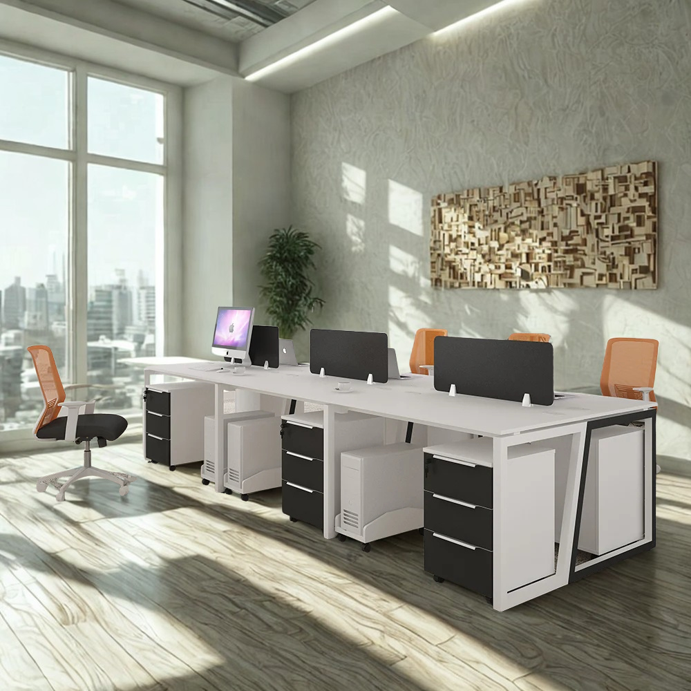 4-Seater Modular Office Workstation – White & Black Finish with Storage Pedestals | SRK Modular Furniture Co.