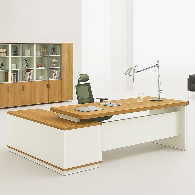 Executive Office Desk with Side Storage – White & Oak Finish | SRK Modular Furniture Co.