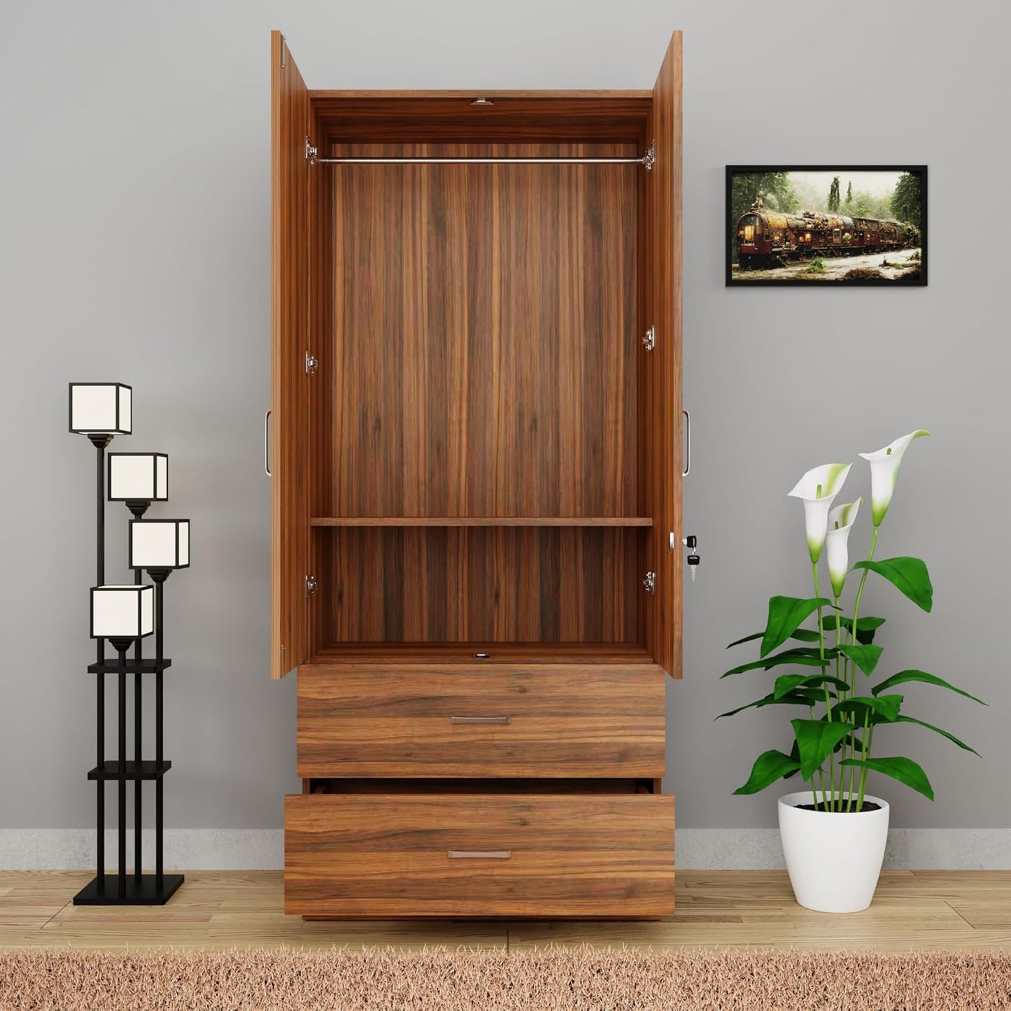 Oaklyn Compact Wooden Wardrobe with Drawers | Walnut Finish | SRK Modular Furniture
