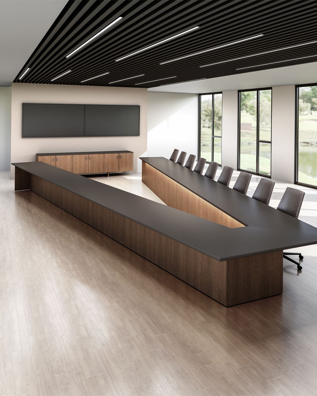 14-Seater Executive Conference Table | Matte Black & Walnut Finish Boardroom Desk | SRK Modular Furniture