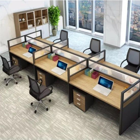 8-Seater Linear Modular Workstation – Oak Finish with Glass Partition Panels | SRK Modular Furniture Co.