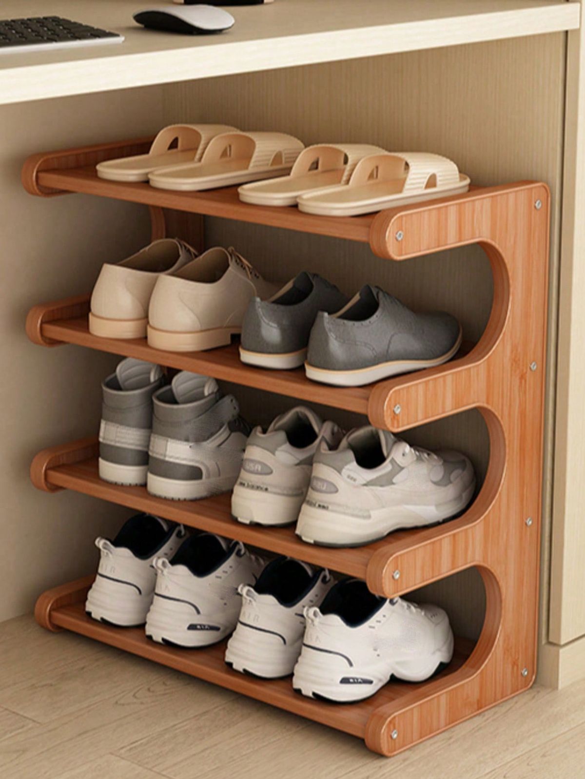 Compact 3-Tier Wooden Shoe Rack | Natural Finish Footwear Organizer | Theom Living