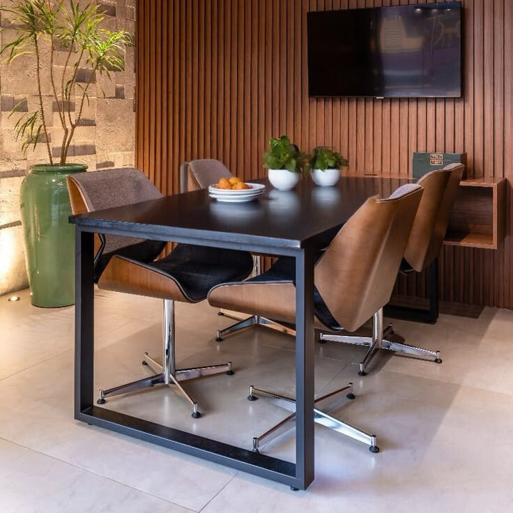 Modern 6-Seater Meeting & Discussion Table | Black Metal Frame with Walnut Top | SRK Modular Furniture