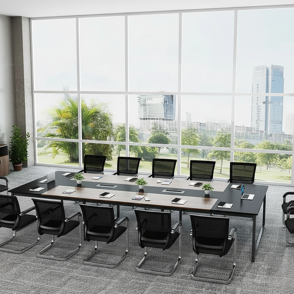16-Seater Premium Conference Table | Dual-Tone Walnut & Black Boardroom Desk | SRK Modular Furniture